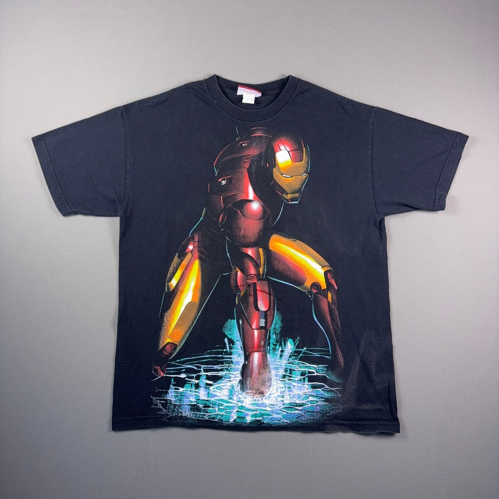 Vintage 2008 Iron Man Marvel Movie Promo T-Shirt Black Graphic Distressed L
